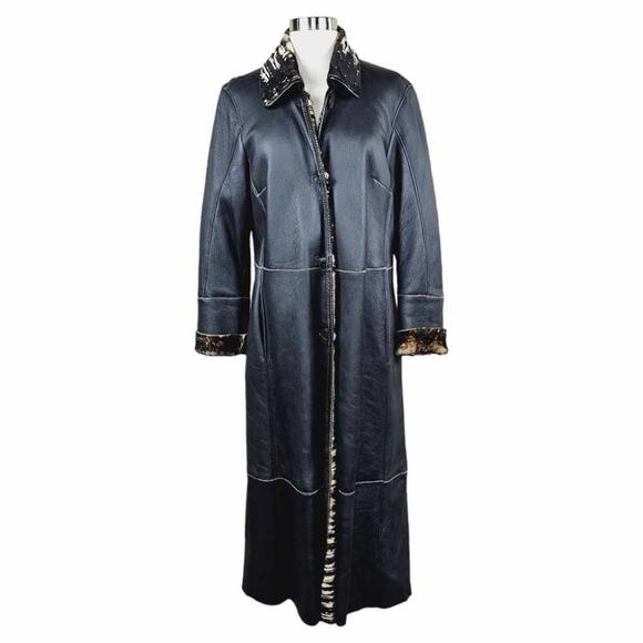 Artico Black Leather Long Trench Coat Animal Print Shearling $5,495 Size 42 - Picture 2 of 14